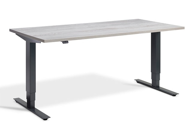 Rectangular desk with a light grey top and black metal legs on a white background
