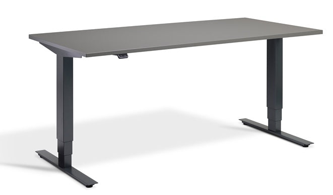 Grey adjustable desk on a white background