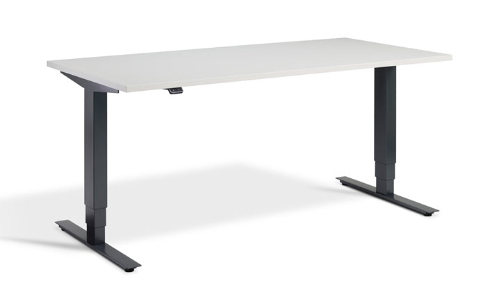 light grey standing electric desk with black legs on a white background