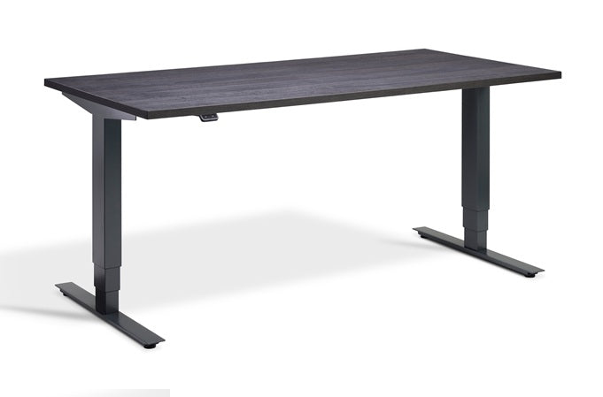 Black oak effect adjustable desk on a white background