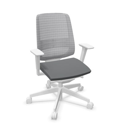 grey mesh chair with white armrests and 5 point base