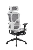 White office chair with mesh back and black base on a white background