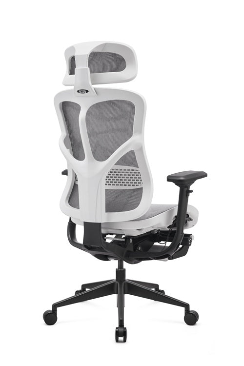 White office chair with mesh back and black base on a white background