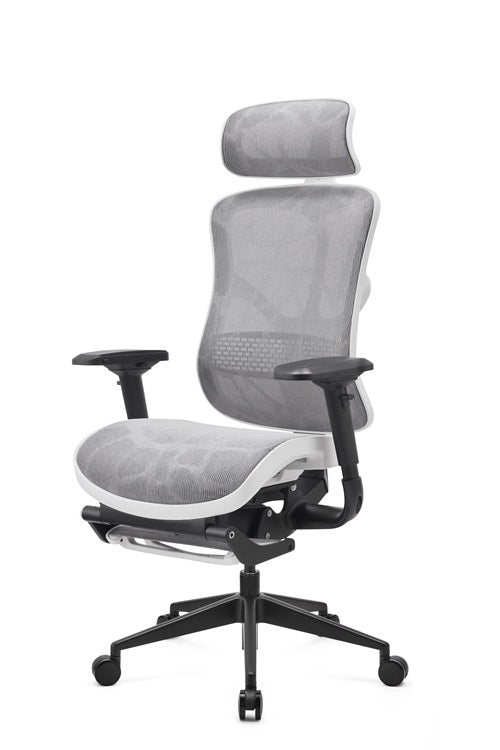 Grey office chair with headrest on a white background