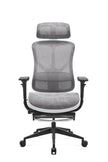 Grey mesh office chair with black frame on a white background