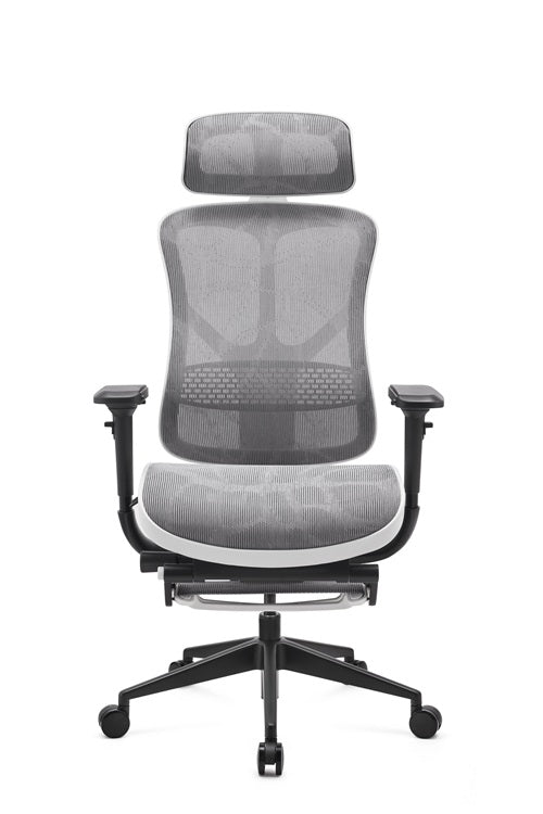 Grey mesh office chair with black frame on a white background