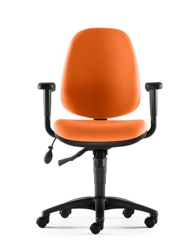 orange office chair with armrests and lumbar support