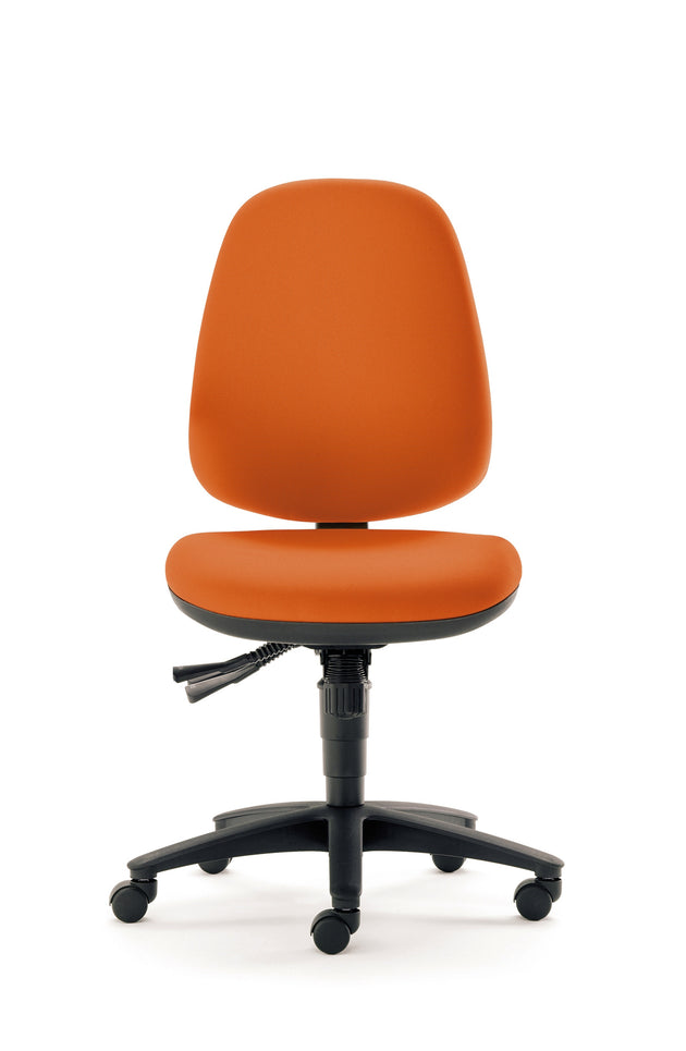 Orange office chair with black base on a white background