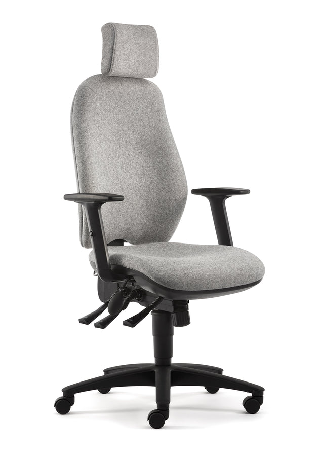 Grey office chair with headrest on a white background