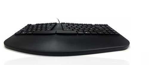 Black ergonomic keyboard on a white background