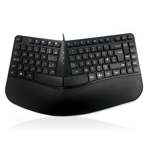 Black ergonomic split keyboard on a white background