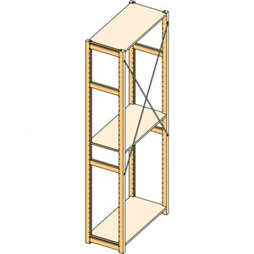 Wooden bookshelf with three shelves on a white background showing backbrace