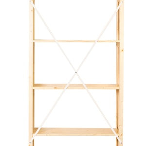 Wooden bookshelf with four shelves on a white background