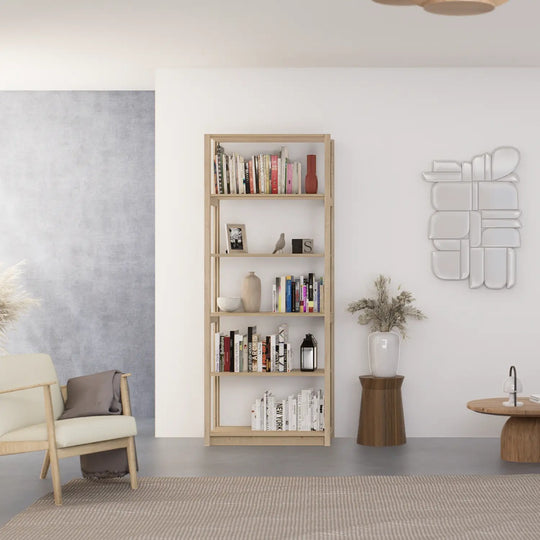 Wooden bookshelf in a modern living room with decor items.