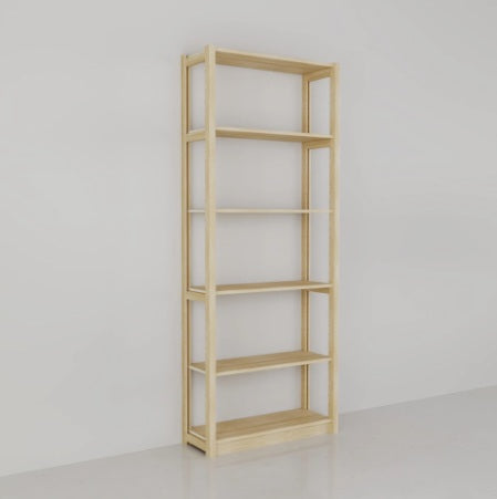 Wooden bookshelf with six shelves on a white background