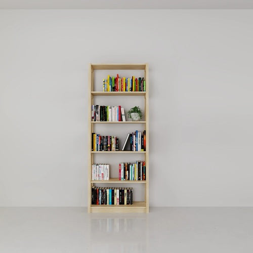 Wooden bookshelf with books against a white wall