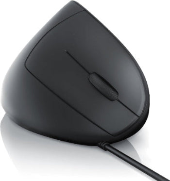 A black Lundia vertical ergonomic mouse with a scroll wheel and USB connection cable.