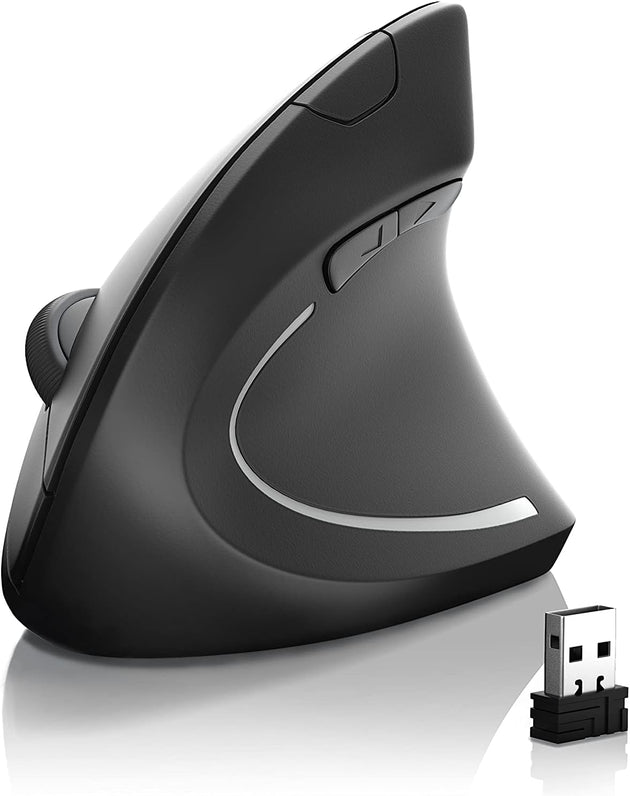 A black Lundia vertical ergonomic mouse with a scroll wheel and USB dongle