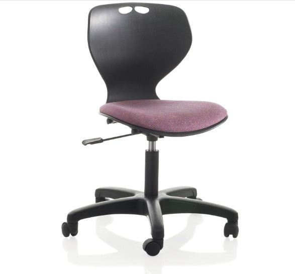 Office chair with black backrest and purple seat on a white background