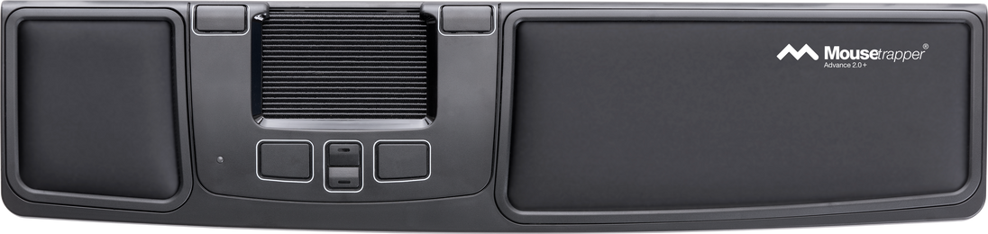A black Mousetrapper Advance 2.0+ input device with multiple buttons and a wrist support strap.