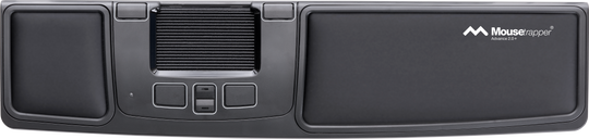 A black Mousetrapper Advance 2.0+ input device with multiple buttons and a wrist support strap.
