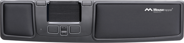A black Mousetrapper Advance 2.0+ input device with multiple buttons and a wrist support strap.
