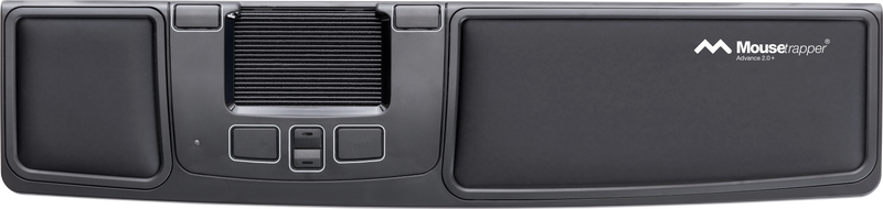 A black Mousetrapper Advance 2.0+ input device with multiple buttons and a wrist support strap.