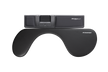 Black asymmetrical armrest designed for keyboard workstations, with a digital display and branding on the top.