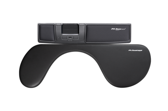 Black asymmetrical armrest designed for keyboard workstations, with a digital display and branding on the top.