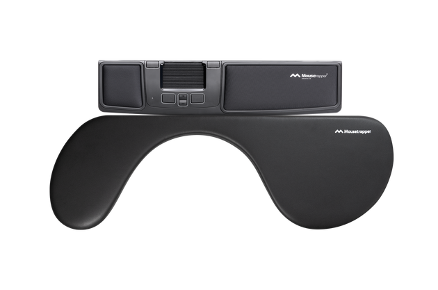 Black asymmetrical armrest designed for keyboard workstations, with a digital display and branding on the top.