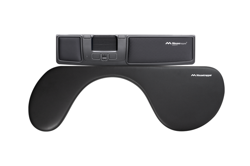 Black asymmetrical armrest designed for keyboard workstations, with a digital display and branding on the top.