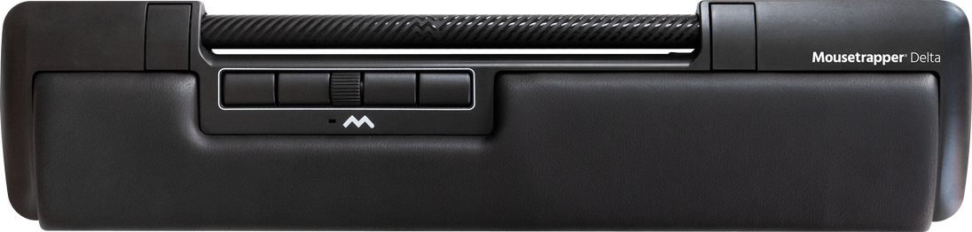This image features the Mousetrapper Delta, a modern and sleek mousetrap designed for efficient rodent control. The device boasts a compact, black rectangular body with a prominent central panel that includes a clear snap mechanism, marked by a distinct 'M' logo.
