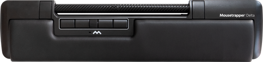 This image features the Mousetrapper Delta, a modern and sleek mousetrap designed for efficient rodent control. The device boasts a compact, black rectangular body with a prominent central panel that includes a clear snap mechanism, marked by a distinct 'M' logo.