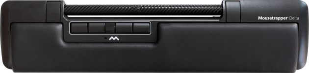This image features the Mousetrapper Delta, a modern and sleek mousetrap designed for efficient rodent control. The device boasts a compact, black rectangular body with a prominent central panel that includes a clear snap mechanism, marked by a distinct 'M' logo.
