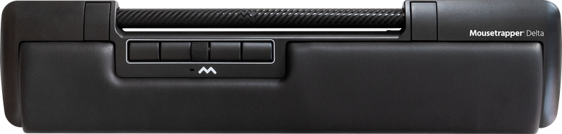 This image features the Mousetrapper Delta, a modern and sleek mousetrap designed for efficient rodent control. The device boasts a compact, black rectangular body with a prominent central panel that includes a clear snap mechanism, marked by a distinct 'M' logo.