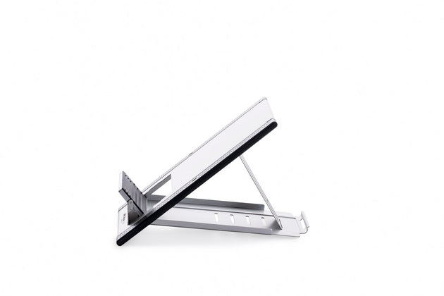 silver laptop stand with height adjustment