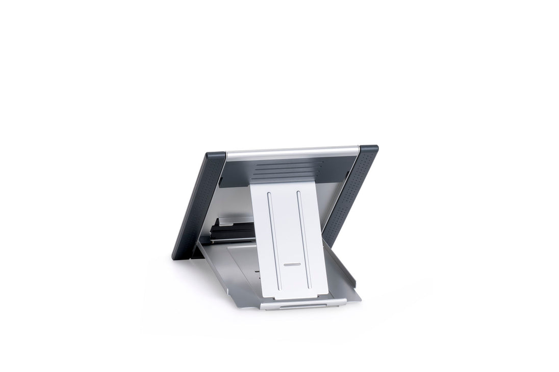 silver laptop stand with black edging