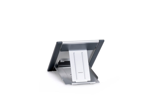 silver laptop stand with black edging