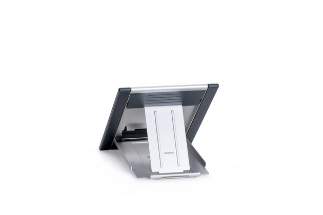 silver laptop stand with black edging