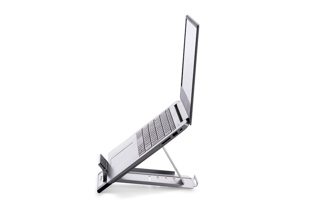 silver laptop riser with height adjustment