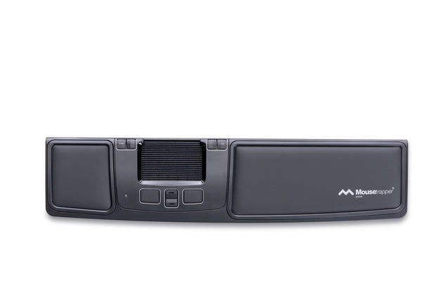A black computer mouse with a visible brand logo on the bottom