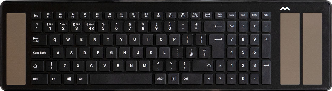 A black Mousetrapper Type keyboard with built-in smart solar cells, featuring a slim and lightweight ergonomic design with adjustable feet.