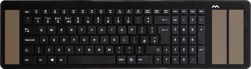 A black Mousetrapper Type keyboard with built-in smart solar cells, featuring a slim and lightweight ergonomic design with adjustable feet.