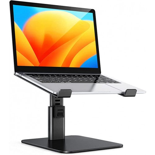 An adjustable black laptop stand made of aluminum with a laptop placed on it, showcasing the product's use.