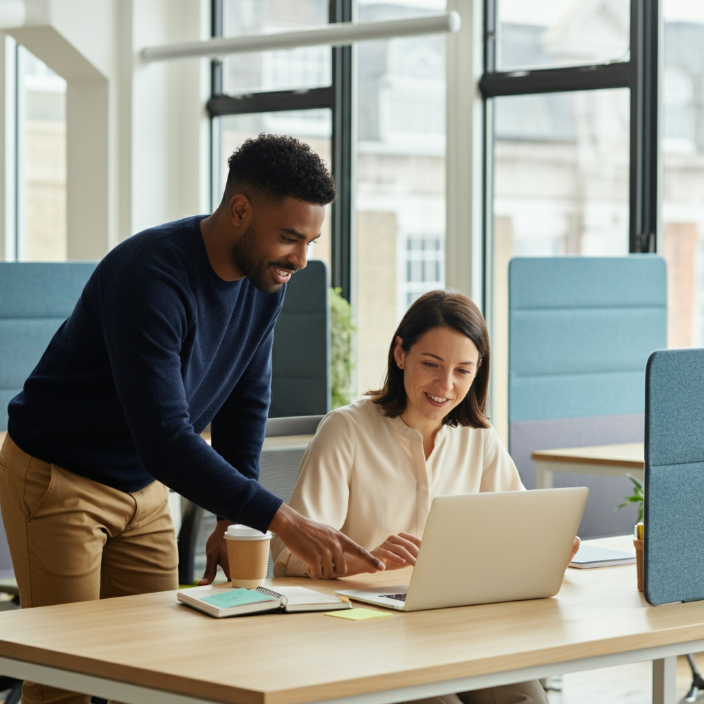 Two people working together on a laptop in an office setting