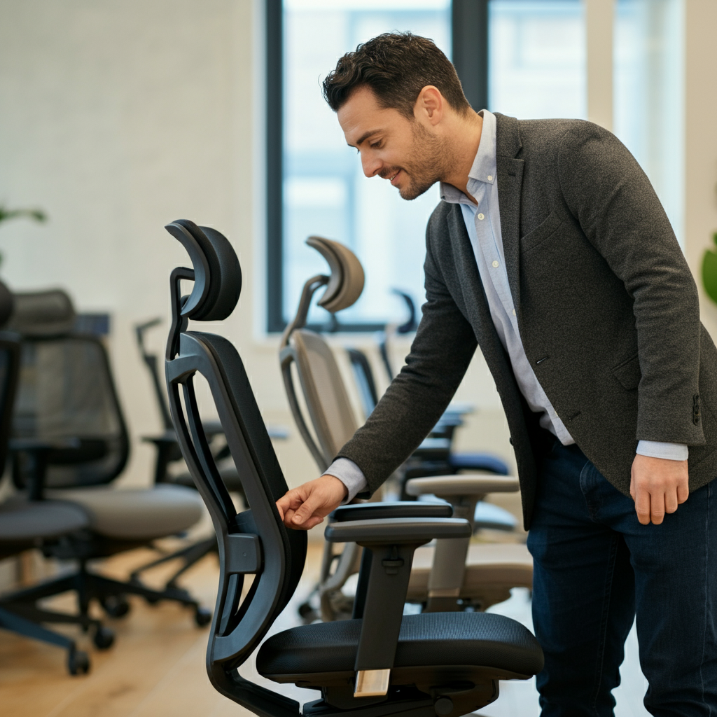 Man adjusting an office chair in a modern office setting