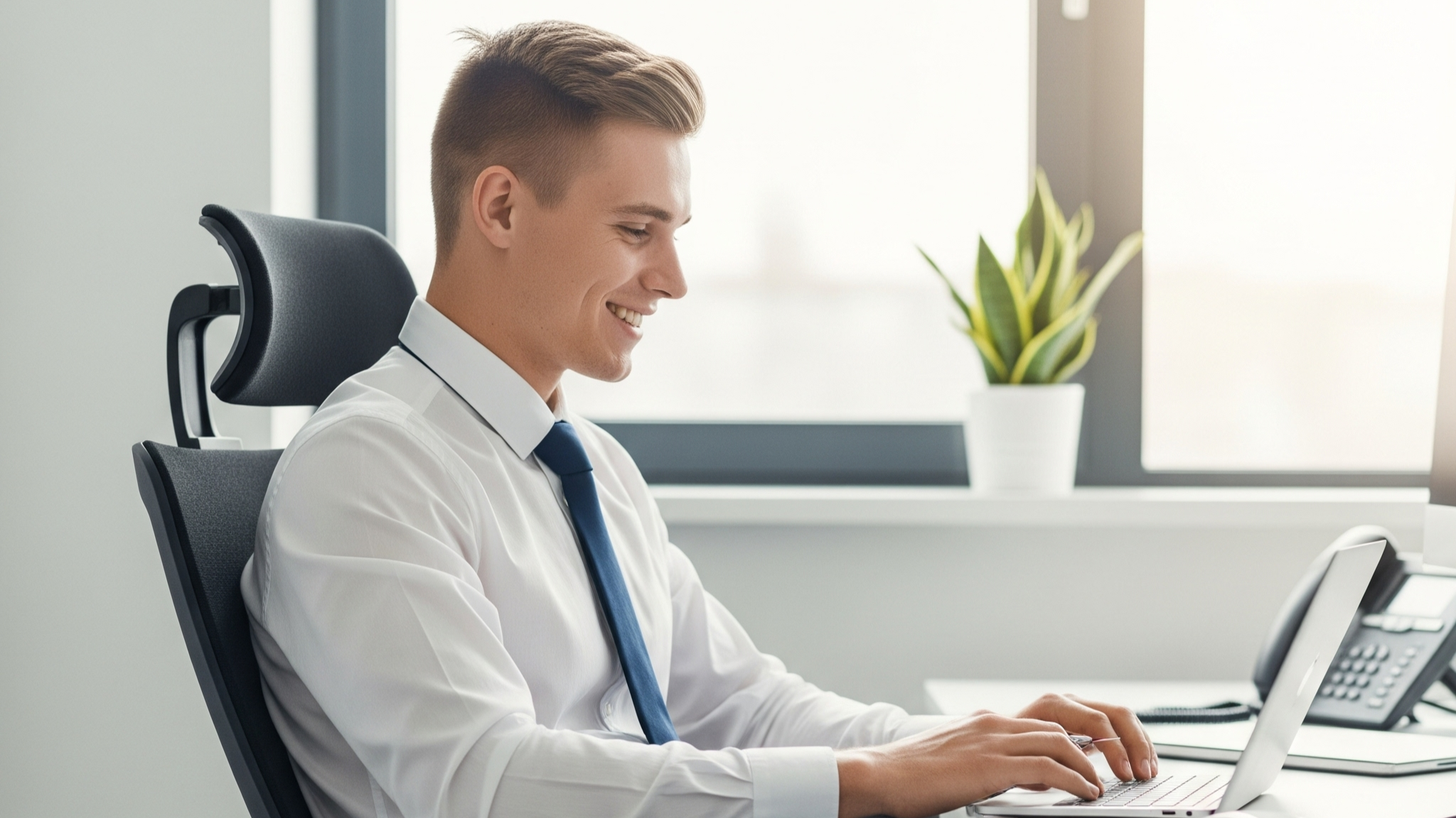 Male officer working sitting in an ergonomic office chair
