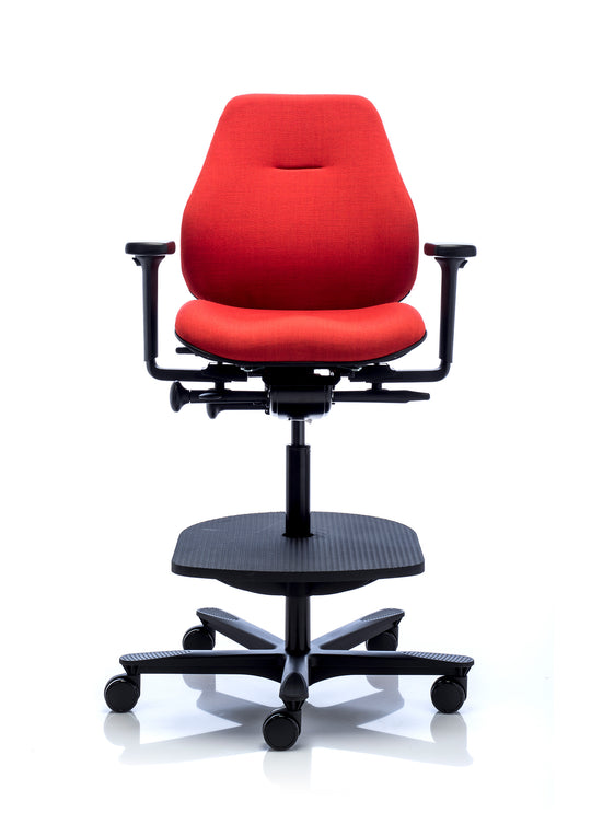 An Orangebox Spira medium back office chair with a black base and red seat, featuring inflatable pelvic and lumbar support, and adjustable seat height and depth.