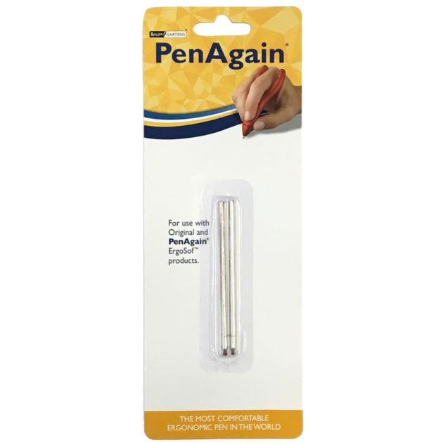 Packaging of PenAgain refills with two black refills visible through a clear plastic window, on a yellow and white background with PenAgain branding.