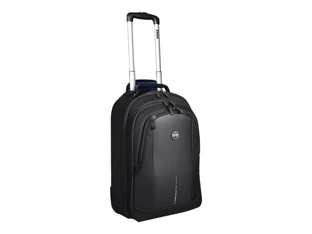 A black Port Chicago Evo laptop backpack with a telescopic handle and a large front pocket, designed to convert into a trolley.